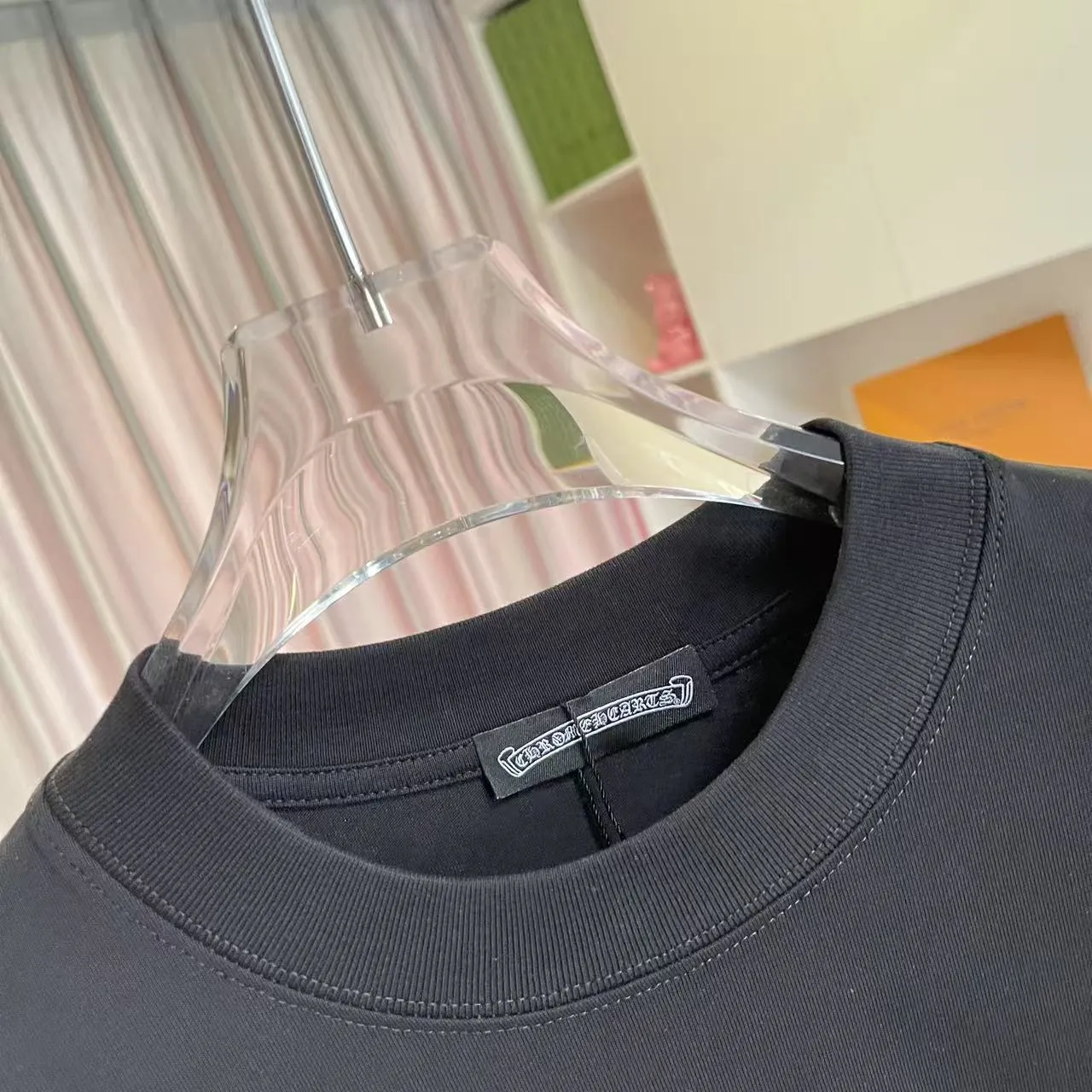 🅿️200 ch Cro* 2025 summer new style Sanskrit horseshoe cross cross vacuum embroidery short-sleeved t-shirt customized fabric 300g same style for men and women Size: S M L XL XXL Five codes Color: black white